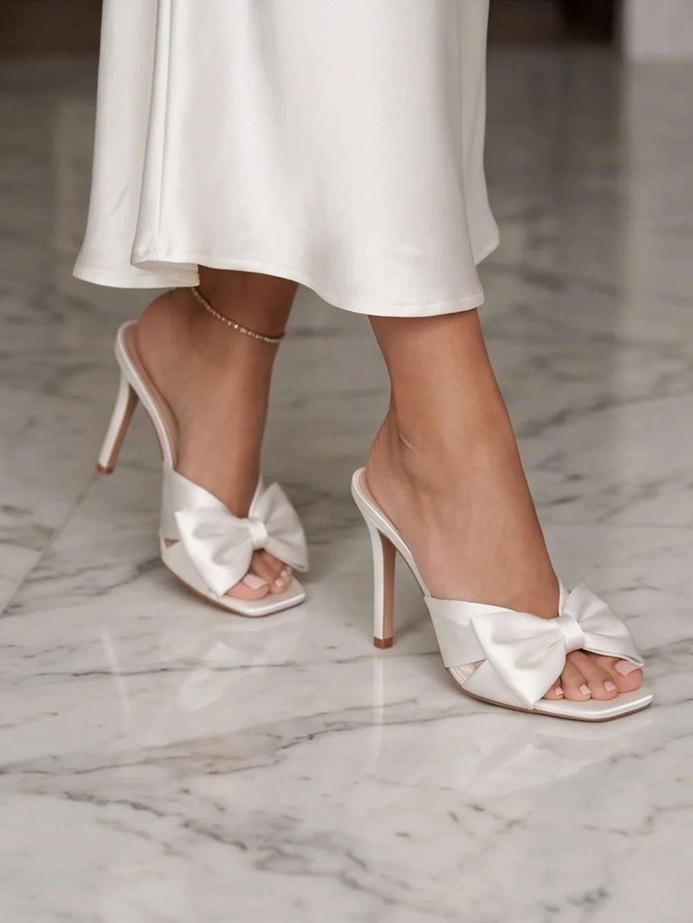 Elegant Ivory Bow Stiletto Mules